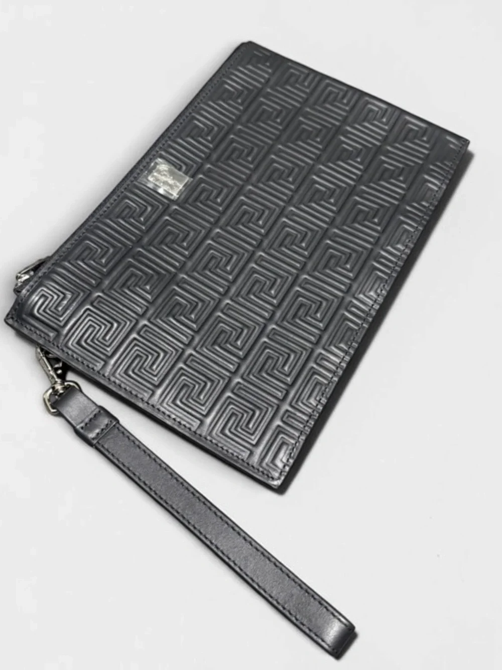 Versace Black La Greca Embossed Leather Wristlet Clutch